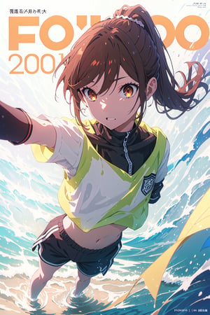 2000s fashion,horimiya_hori,1girl,20 years old,brown eyes,magazine cover,modeling pose, standing,foreground,dominant,pov_eye_contact,arm warmers,sports shorts, crop top,long_ponytail, white background, front view