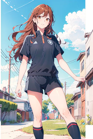 manga, 1girl, solo female, long hair, tight soccer clothing, playing soccer, jumoing, park, playing,hori kyouko,full_body,watercolor, no_color, photoshoot, model,,lineart,rough sketch,RGB, mature_female,chromatic aberration, mature face