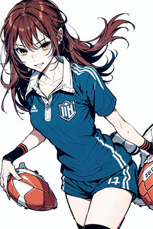 manga, 1girl, solo female, long hair, sports clothing, playing soccer, soccer ball, jumoing, park, playing,hori kyouko, ,white background