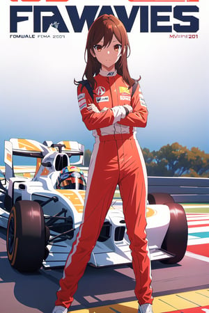 formula 1,horimiya_hori,1girl,20 years old,brown eyes,magazine cover,modeling pose, standing,foreground,dominant,pov_eye_contact, driver racing suit, formula 1 car