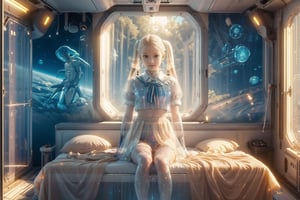 A beautiful young underage girl,  short messy ((blonde)) hair, ((glowing)) ((translucent hologram)) wearing sexy schoolgirl uniform,  sitting on the windowsill with natural stance at the Futuristic room,  science fiction,  inside a spaceship,  view of alien lanscape outside,  sunny,  photorealistic,  masterpiece,  cinematic,  best quality,  high resolution,  AIDA_LoRA_valenss,  fullbody,  child,  smiling,  nsfw,  bedroom,  plaid,  upskirt,  lace panties, nudity, pigtails, translucent body,HologramCzar