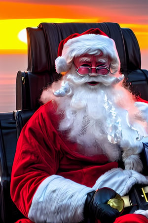  Santa_fighter_jet_pilot_selfie_v2,   malice_(riviera), white beard, white_hair, red hat, red santa suit, gloves, sitting, joyful smile, sweat, orange sky, dogfight, falling presents, presents with parachutes, ultra detailed, masterpiece, best quality, aesthetic, detailed,realistic face