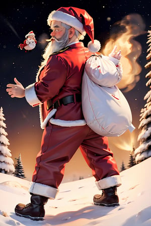 Santa bends over and releases a big fart, embarassed