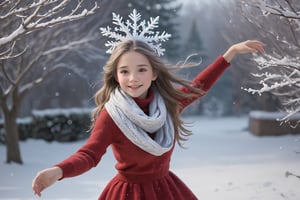In this Christmas scene, a petite girl twirls around piles of presents, She wears a red Christmas hat, and her long hair dances in the chilly breeze. Wrapped in a deep red wool sweater, her scarf is adorned with delicate snowflake patterns.

The cold air tinges her cheeks with a slight rosy hue, while her eyes sparkle with warm anticipation. The slightly upturned face reveals a hope for the Christmas miracle. Snowflakes create a silver crown on her hair, as if crafting an ice and snow tiara for her.

Though her hands are not visible from behind, her posture exudes tranquility and expectation. Surrounding her is a silver-clad snowy scene, with a Christmas tree adorned with dazzling lights and gifts. The entire scene emanates warmth and joy, as if the magic of Christmas is about to unfold around her. (((Presents everywhere)))