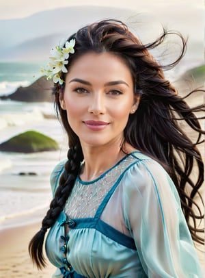 A mesmerizing female 40 year old model with thick long black hair and auburn highlights braided, her features is a mix of Chinese and Filipina, ((Kylie Jenner:0.2),  (Zhao Lu Si:0.8)), prominent dimples on her cheeks, full intense pouty lips, light grey blue intense eyes, button nose, a prominent mole on her left cheek, smiling playfully towards the camera, in a pink summer dress, ((full body profile)), ethereal dreamy foggy, photoshoot by Annie Leibovitz, editorial Fashion Magazine photoshoot, fashion poses, surrounded two friends by the beach. High detail, high quality, 8k, Kinfolk Magazine. Film Grain. a soft smile. Kodak gold 400,Extremely Realistic,realhands, ((copy Cindy Crawford model poses)),Masterpiece,FuturEvoLabgirl
