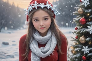 In this Christmas scene, a petite girl twirls around piles of presents, She wears a red Christmas hat, and her long hair dances in the chilly breeze. Wrapped in a deep red wool sweater, her scarf is adorned with delicate snowflake patterns.

The cold air tinges her cheeks with a slight rosy hue, while her eyes sparkle with warm anticipation. The slightly upturned face reveals a hope for the Christmas miracle. Snowflakes create a silver crown on her hair, as if crafting an ice and snow tiara for her.

Though her hands are not visible from behind, her posture exudes tranquility and expectation. Surrounding her is a silver-clad snowy scene, with a Christmas tree adorned with dazzling lights and gifts. The entire scene emanates warmth and joy, as if the magic of Christmas is about to unfold around her. (((Presents everywhere)))