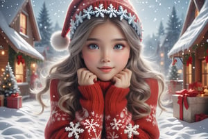 In this Christmas scene, a petite girl twirls around piles of presents, She wears a red Christmas hat, and her long hair dances in the chilly breeze. Wrapped in a deep red wool sweater, her scarf is adorned with delicate snowflake patterns.

The cold air tinges her cheeks with a slight rosy hue, while her eyes sparkle with warm anticipation. The slightly upturned face reveals a hope for the Christmas miracle. Snowflakes create a silver crown on her hair, as if crafting an ice and snow tiara for her.

Though her hands are not visible from behind, her posture exudes tranquility and expectation. Surrounding her is a silver-clad snowy scene, with a Christmas tree adorned with dazzling lights and gifts. The entire scene emanates warmth and joy, as if the magic of Christmas is about to unfold around her. (((Presents everywhere))),Apoloniasxmasbox