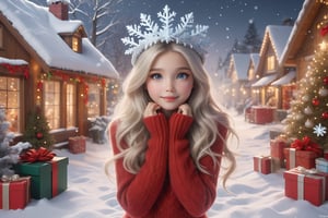 In this Christmas scene, a petite girl twirls around piles of presents, She wears a red Christmas hat, and her long hair dances in the chilly breeze. Wrapped in a deep red wool sweater, her scarf is adorned with delicate snowflake patterns.

The cold air tinges her cheeks with a slight rosy hue, while her eyes sparkle with warm anticipation. The slightly upturned face reveals a hope for the Christmas miracle. Snowflakes create a silver crown on her hair, as if crafting an ice and snow tiara for her. blonde hair.

Though her hands are not visible from behind, her posture exudes tranquility and expectation. Surrounding her is a silver-clad snowy scene, with a Christmas tree adorned with dazzling lights and gifts. The entire scene emanates warmth and joy, as if the magic of Christmas is about to unfold around her. (((Presents everywhere))),Apoloniasxmasbox,3D