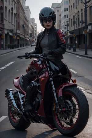 A female riding a red motorcycle, (2023 Kawasaki Ninja ZX-4RR), ((black helmet)), ((dark red jacket)), ((black pants)), (black boots)), ((black gloves)), street side background, highway, street racing, cinematic, High detail, high quality, 8k, Kinfolk Magazine. Film Grain. Kodak gold 400, ,photorealistic,sprbk,modelshoot style,Masterpiece