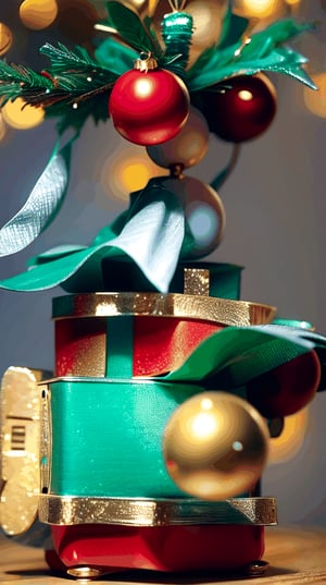 Colorful rotating Jack in the Christmas box, red, green, and gold