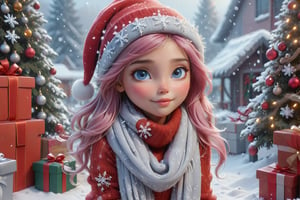 In this Christmas scene, a petite girl twirls around piles of presents, She wears a red Christmas hat, and her long hair dances in the chilly breeze. Wrapped in a deep red wool sweater, her scarf is adorned with delicate snowflake patterns.

The cold air tinges her cheeks with a slight rosy hue, while her eyes sparkle with warm anticipation. The slightly upturned face reveals a hope for the Christmas miracle. Snowflakes create a silver crown on her hair, as if crafting an ice and snow tiara for her. pink hair.

Though her hands are not visible from behind, her posture exudes tranquility and expectation. Surrounding her is a silver-clad snowy scene, with a Christmas tree adorned with dazzling lights and gifts. The entire scene emanates warmth and joy, as if the magic of Christmas is about to unfold around her. (((Presents everywhere))),Apoloniasxmasbox,3D