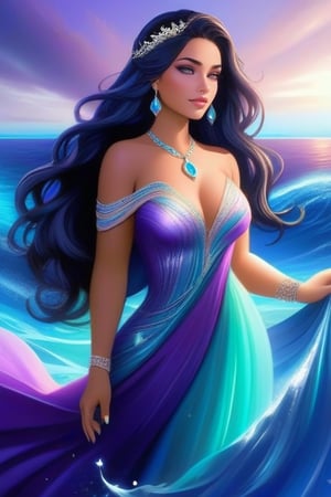 Full figured woman. older woman. long black wavy hair. purple eyes. violet eyes. colored eyes.  beautiful dress. gown. jewelry. jewels. dress decorated in ocean themes and jewels. regal. goddess. beautiful. glowing. pretty hands. pretty face. preistess. 