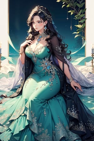 Full figured woman. long black wavy hair. purple eyes. violet eyes. beautiful dress. bown. jewelry. jewels. dress decorated in ocean themes and jewels. regal. goddess. beautiful. glowing. 