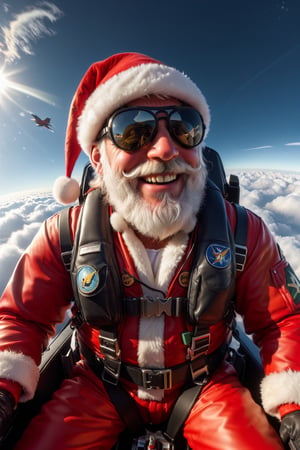 Go pro close shot fisheye selfie of Santa Claus, Top Gun, piloting a F-15 fighter jet at high altitude, smiling, realistic cockpit, ((santa claus hat)) aviator mirror ray-bans, realistic US Air Force pilot harness, realistic red fleece pilot jumpsuit, christmas military patches, windy, speed, happiness, sunset, rain, clouds in the sky, (no planes) realistic, attention to details, aviation ,thm style