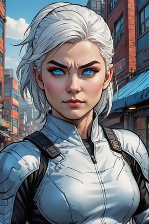 Comic book of 
A young ninja girl with clear blue eyes and white hair, fierce pose, smirking, captured from a slightly elevated angle, Canon EOS R5, ƒ 2.8, 24-70mm lens, detailed and vibrant, emphasizing the contrast between the alien's features and the urban environment.,comic book