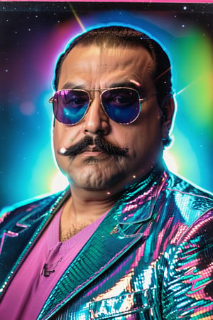 Holographic trading card from the 80's. Photorealistic, vibrant portrait of a latino, fat villain with big sunglasses and a dark mustache, frowning at camera, upset. neon photography style, collector, (irridescent, hologram) Miami 80's vibe. ,neon photography style, cinematic moviemaker style