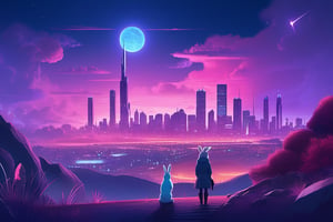 Sylvain_Sarrailh_style_lora_by_niolas,  cyberpunk, a purple landscape, sky, bunny, bunnies and dark city far away, perfect stars, clouds, moon, girly lights light blue neon