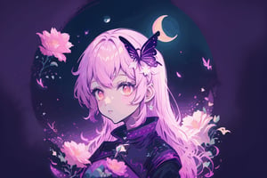 (art noveau style), borders, wallpaper, ((no person, no character) wellcoming to a world, (perfect shapes) ultra high quality, pink colors and blue colors, but a lil bit other colors, dark, night, (moon on the side), flowers, stars, portrait,firefliesfireflies,tshee00d