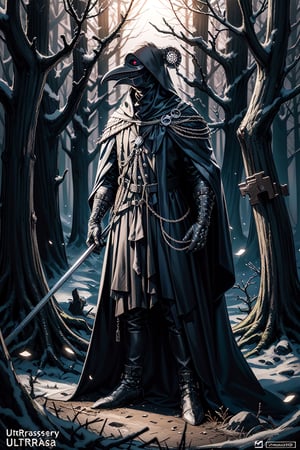 (masterpiece,ultra high quality, ultra detailed), one male, horror,plague doctor, full_body, detalied_background, dark winter forest background,horror