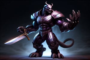 There is a powerful male being approximately 8 feet tall, dark, metallic skin. His body is surrounde d by a pale reddish- purple glow. He wields a mighty sword, that glows purple in his right hand, a dark puple and black shield in his left.