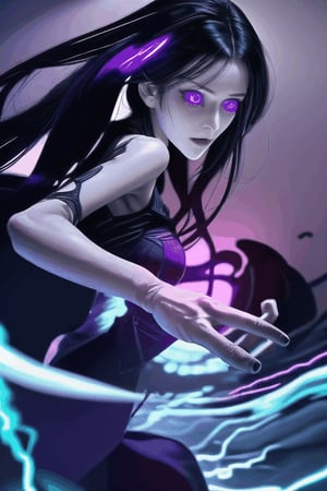 A tall thin female with pale skin, glowing purple eyes, long flowing silvery black hair. She prepares to attack with purple electric energy from her hands.