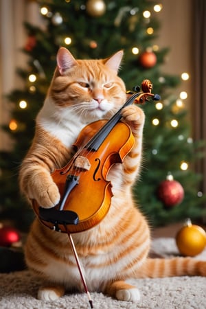 highest quality,a fat orange cat playing violin in front of Christmas tree , shallow depth of field, cinematic