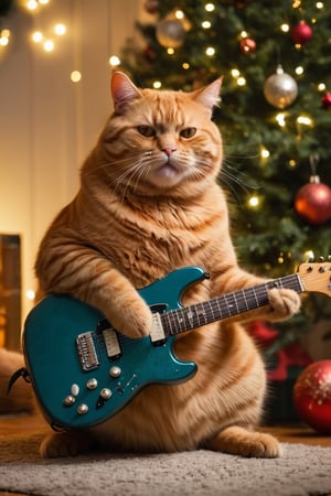 highest quality,a fat orange cat jamming out on an electric guitar next to a christmas tree, shallow depth of field, cinematic