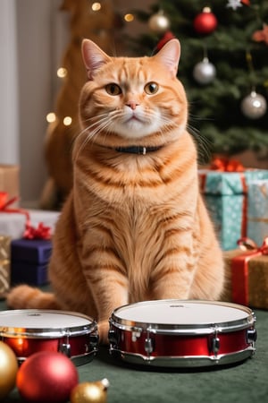 highest quality,a cute fat orange cat play drums in front of christmas gifts, shallow depth of field, cinematic