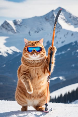 highest quality,a fat orange cat snow skiing with ski goggles,hands holding ski pole,in front of a snow mountain, shallow depth of field, cinematic