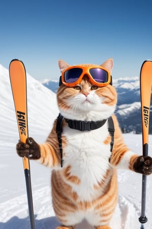 highest quality,a fat orange cat snow skiing with ski goggles,hands holding ski pole,in front of a snow mountain, shallow depth of field, cinematic