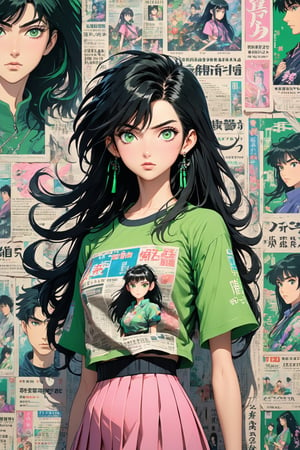 upper body close up, cyberpunk city, girl standing in front of wall hanging newspaper on wall, Black hair, Long hair, upper body focus, Pink eyes, Witty and beautiful facial features, green print t-shirt, apricot skirt, split long skirt, embroidery pattern, Dynamic Pose, HDR, detailed details, fashion, Cinematic light, Detailed clothing texture, game cg, bright art style, Real Shadows,ghibli,Anime ,Enhanced All