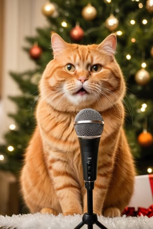 highest quality,a fat orange cat holding microphone infront of Christmas tree , shallow depth of field, cinematic