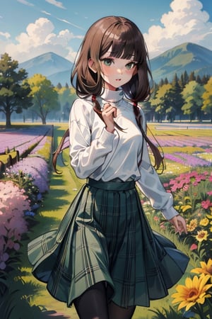 masterpiece,absurdres,aamiko, long hair, low twintails, blunt bangs,white sweater,turtleneck,green tartan_skirt,long skirt,flower field,twirling