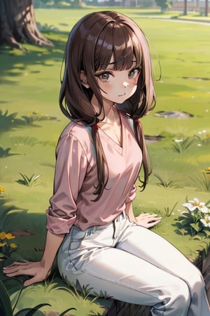 masterpiece,absurdres,aamiko, long hair, low twintails, blunt bangs,pink shirt,white pants,sitting on the grass