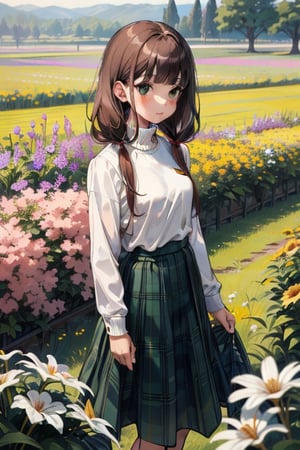 masterpiece,absurdres,aamiko, long hair, low twintails, blunt bangs,white sweater,turtleneck,green tartan_skirt,long skirt,flower field