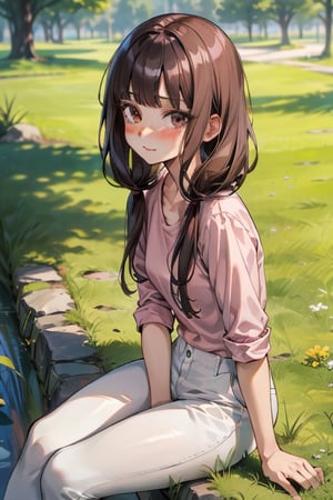 masterpiece,absurdres,aamiko, long hair, low twintails, blunt bangs,pink shirt,white pants,sitting on the grass