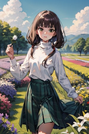 masterpiece,absurdres,aamiko, long hair, low twintails, blunt bangs,white sweater,turtleneck,green tartan_skirt,long skirt,flower field,twirling