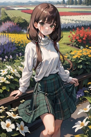 masterpiece,absurdres,aamiko, long hair, low twintails, blunt bangs,white sweater,turtleneck,green tartan_skirt,long skirt,flower field