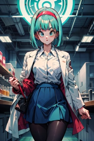 masterpiece,absurdres,dragon ball, blmmid, aqua hair, medium hair, blunt bangs, red hairband,white_collared_shirt,lab_coat,darkblue_skirt,pantyhose, blmlong