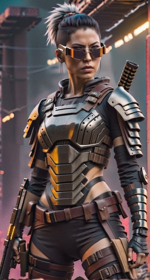 

Cyberpunk female warrior, wearing samurai steel armor, two katana on her back, holding a gun, post-apocalyptic background, Zack Snyder's visual style.