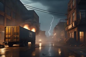 ((best quality)), (masterpiece), photorealism, realistic, real life, uhd, 8k, to8contrast style, grim scenery, dark scenery, unreal engine game set in future, rtx, ray tracing, atmospheric fog, moonlight, run down city, dirty streets, trash, smoke, run down buildings, rusty robot sitting outside (postapocalyptic city:1.3), dark clouds, lightning, burning containers,