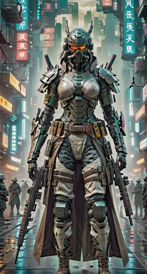 

Cyberpunk female warrior, wearing samurai steel armor, two katana on her back, holding a gun, post-apocalyptic background, Zack Snyder's visual style.