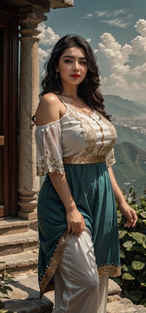 (masterpiece, best quality, ultra-detailed, 8K),high detail, realisitc detailed, a beautiful young mature pakistani women slight fat body with long flowy black hair over shoulders in the dark, weraing a full tight shalwar kameez standing on hte hill top taking a selfie, blue eyes, pale soft skin, kind smile, glossy lips, a serene and contemplative mood, setting on the top of the mountain, ,red lips,hd makeup,