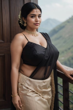 (masterpiece, best quality, ultra-detailed, 8K),high detail, realisitc detailed, a beautiful young mature dusky indian women slight curvy body with long flowy black hair over shoulders in the dark, wearing saree, brown eyes, pale soft skin, kind smile, glossy lips, a serene and contemplative mood, setting on the top of the mountain, ,red lips,hd makeup,Indian, wide angle,Saree