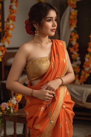 a very beautiful busty girl in revealing saree