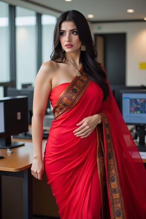 Sexy indian woman in a red saree in the office ,