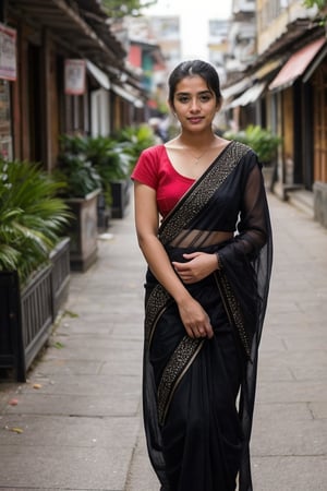 Capture the charm of a young Nepali girl: On a bustling street with a beautiful background bokeh effect, an 18-year-old Nepali girl stands gracefully, dressed in a simple black saree. She covers only 20% of the photo, allowing the vibrant yet blurred surroundings to create a stunning backdrop. Looking to the side of the camera, she strikes an attractive yet shy pose, exuding both elegance and modesty. This captivating image, perfect for Instagram, highlights her natural beauty and suburb setting around her