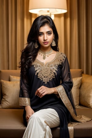 beautiful cute young attractive girl indian, teenage girl,18 year old,cute, instagram model,long black hair . Envision a Pakistani girl in a beautiful sheet shalwar kameez, seated elegantly in a luxurious hotel lounge, her large chest subtly emphasized, exuding confidence and grace, adorned with exquisite jewelry including dangling earrings, Paperwork, intricate paper cutting with layered textures and delicate patterns, --ar 16:9 --v 5