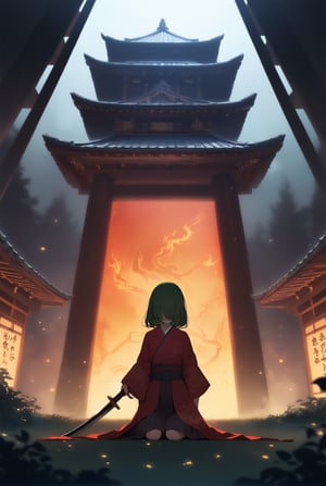 A captivating and enigmatic digital illustration features a shadowy figure, seemingly a warrior or samurai girl, kneeling amidst a dimly lit, foggy field. green hair, medium hair, red eyes, concealing their identity. Their hand grips a magnificent sword with intricate engravings that emit a mesmerizing, fiery red aura. The background reveals a traditional, architectural structure—possibly a temple or shrine—bathed in the soft glow of floating embers or fireflies. The composition by Hans Darias exudes an eerie atmosphere, skillfully blending warm and cool tones to evoke a palpable sense of tension and expectation.,ichika