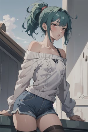 masterpiece, best quality, extremely detailed, anime, girl, green hair, medium hair, pony tail, red eyes, stockings, shorts, small breasts, off-shoulder sweaters,